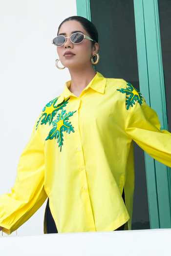 Shop_BAHAARA BY DIVYA NARULA_Yellow Cotton, Poplin Collared Neck Hailey Lemon Drawstring Shirt _Online_at_Aza_Fashions