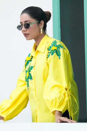 BAHAARA BY DIVYA NARULA_Yellow Cotton, Poplin Collared Neck Hailey Lemon Drawstring Shirt _at_Aza_Fashions