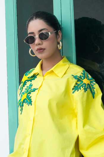 Buy_BAHAARA BY DIVYA NARULA_Yellow Cotton, Poplin Collared Neck Hailey Lemon Drawstring Shirt 
