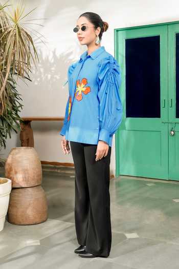BAHAARA BY DIVYA NARULA_Blue Cotton, Poplin Collared Neck Azure Ocean Drawstring Shirt _Online_at_Aza_Fashions