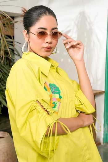 BAHAARA BY DIVYA NARULA_Yellow Cotton, Poplin Collared Neck Juniper Drawstring Shirt _Online_at_Aza_Fashions