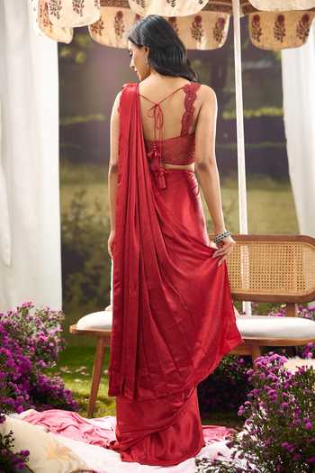 Aariyana Couture Red Silk, Net Sweetheart Neck Pre-draped Saree With Embroidered Blouse at Aza Fashions Aariyana Couture_Red Silk, Net Sweetheart Neck Pre-draped Saree With Embroidered Blouse _at_Aza_Fashions