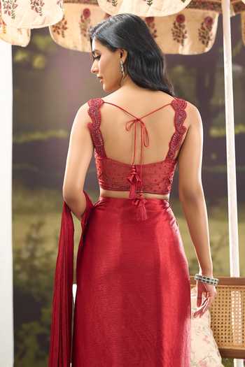 Buy Aariyana Couture Red Silk, Net Sweetheart Neck Pre-draped Saree With Embroidered Blouse Buy_Aariyana Couture_Red Silk, Net Sweetheart Neck Pre-draped Saree With Embroidered Blouse