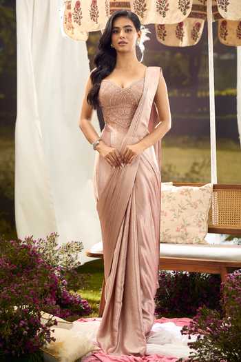 Aariyana Couture Pink Silk, Net Sweetheart Neck Pre-draped Saree With Blouse Online at Aza Fashions Aariyana Couture_Pink Silk, Net Sweetheart Neck Pre-draped Saree With Blouse _Online_at_Aza_Fashions