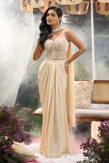 Buy Aariyana Couture Cream Net Sweetheart Neck Embroidered Blouse Draped Skirt Set Buy_Aariyana Couture_Cream Net Sweetheart Neck Embroidered Blouse Draped Skirt Set