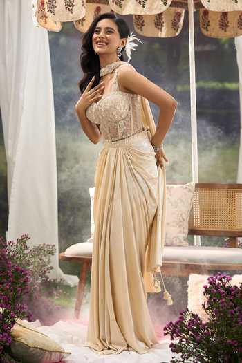 Shop Aariyana Couture Cream Net Sweetheart Neck Embroidered Blouse Draped Skirt Set Shop_Aariyana Couture_Cream Net Sweetheart Neck Embroidered Blouse Draped Skirt Set