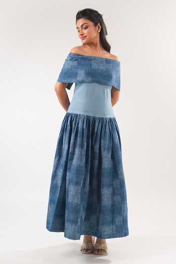 Buy 9899 Blue Cotton Off-shoulder Off Printed Dress Online at Aza Fashions Buy_9899_Blue Cotton Off-shoulder Off Printed Dress _Online_at_Aza_Fashions