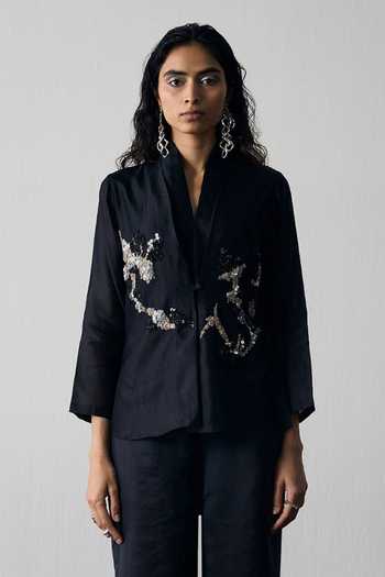 Shop Notsosure Black Silk, Dupion Split V-neck Abstract Motif Shirt And Pant Set Online at Aza Fashions Shop_Notsosure_Black Silk, Dupion Split V-neck Abstract Motif Shirt And Pant Set _Online_at_Aza_Fashions