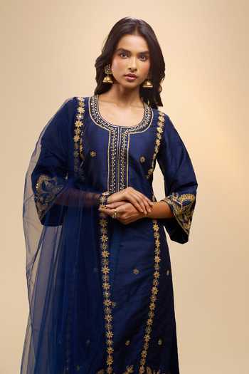 Buy Samyukta Singhania Blue Silk Round Neck Embroidered Raw Kurta Set Online at Aza Fashions Buy_Samyukta Singhania_Blue Silk Round Neck Embroidered Raw Kurta Set _Online_at_Aza_Fashions