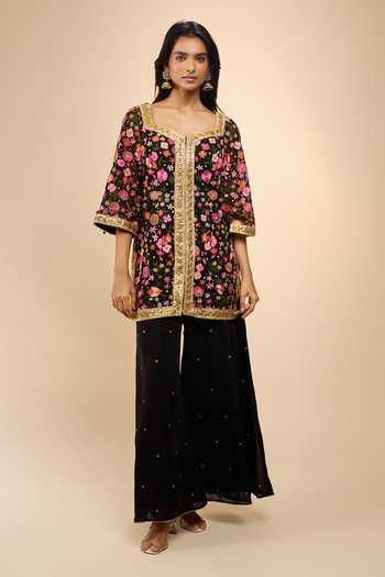 Samyukta Singhania_Black Net Square Neck Floral Embroidered Kurta Sharara Set _Online_at_Aza_Fashions