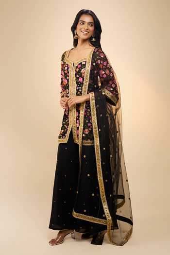 Buy_Samyukta Singhania_Black Net Square Neck Floral Embroidered Kurta Sharara Set _Online_at_Aza_Fashions