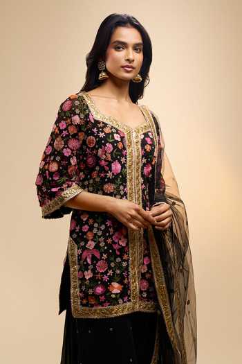 Shop_Samyukta Singhania_Black Net Square Neck Floral Embroidered Kurta Sharara Set _Online_at_Aza_Fashions