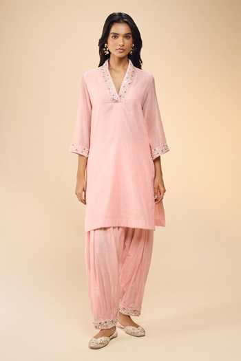 Samyukta Singhania Pink Chanderi V-neck Embroidered Kurta And Salwar Set Online at Aza Fashions Samyukta Singhania_Pink Chanderi V-neck Embroidered Kurta And Salwar Set _Online_at_Aza_Fashions