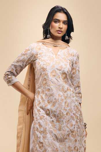 Shop Samyukta Singhania Ivory Chanderi Embroidery V-neck, Yes Floral Kurta Set Online at Aza Fashions Shop_Samyukta Singhania_Ivory Chanderi Embroidery V-neck, Yes Floral Kurta Set _Online_at_Aza_Fashions