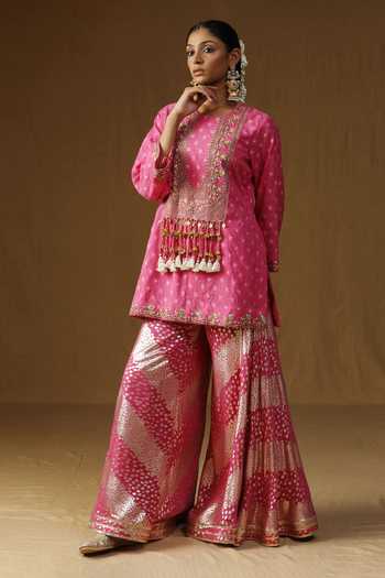 Arpita Sulakshana_Pink Georgette, Lurex Boat Neck, Yes Rasika Gulabi Embroidered Sharara Set _Online_at_Aza_Fashions