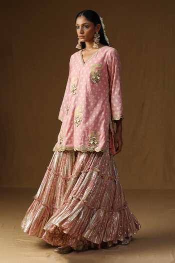 Buy_Arpita Sulakshana_Pink Georgette, Lurex, Organza V-neck, Yes Gulaal Embroidered Kurta Sharara Set _Online_at_Aza_Fashions