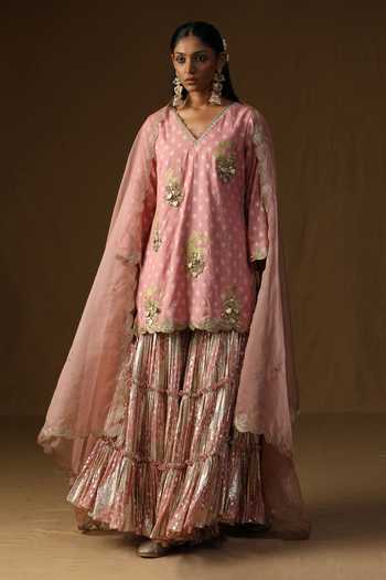 Buy_Arpita Sulakshana_Pink Georgette, Lurex, Organza V-neck, Yes Gulaal Embroidered Kurta Sharara Set 