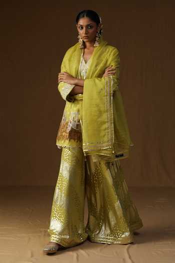 Arpita Sulakshana_Lime Georgette, Lurex V-neck Noor Gul Embroidered Kurta Sharara Set _Online_at_Aza_Fashions