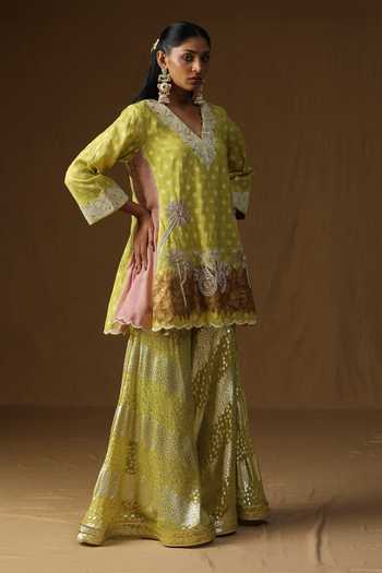 Buy_Arpita Sulakshana_Lime Georgette, Lurex V-neck Noor Gul Embroidered Kurta Sharara Set _Online_at_Aza_Fashions