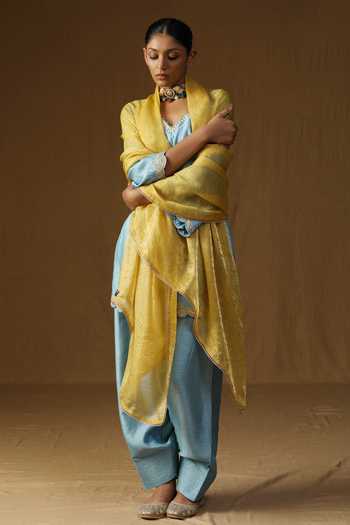 Shop Arpita Sulakshana Blue Silk V-neck Vrinda Neel Madhur Embroidered Kurta Set Online at Aza Fashions Shop_Arpita Sulakshana_Blue Silk V-neck Vrinda Neel Madhur Embroidered Kurta Set _Online_at_Aza_Fashions