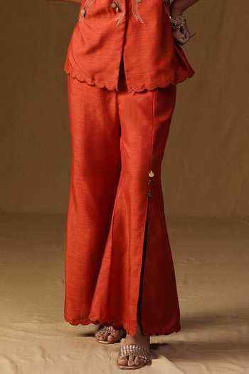 Arpita Sulakshana_Orange Silk Collared Neck Chitra Kesar Noor Shirt And Bell Bottom Pant Set _Online_at_Aza_Fashions