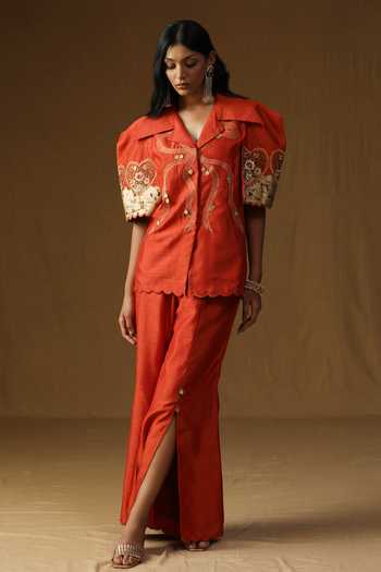Buy_Arpita Sulakshana_Orange Silk Collared Neck Chitra Kesar Noor Shirt And Bell Bottom Pant Set _Online_at_Aza_Fashions
