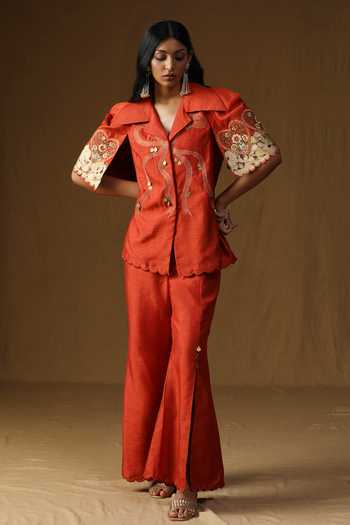 Shop_Arpita Sulakshana_Orange Silk Collared Neck Chitra Kesar Noor Shirt And Bell Bottom Pant Set _Online_at_Aza_Fashions