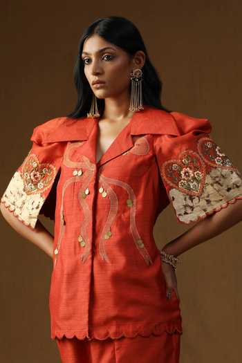 Arpita Sulakshana_Orange Silk Collared Neck Chitra Kesar Noor Shirt And Bell Bottom Pant Set _at_Aza_Fashions