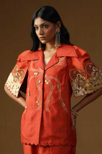 Buy_Arpita Sulakshana_Orange Silk Collared Neck Chitra Kesar Noor Shirt And Bell Bottom Pant Set 