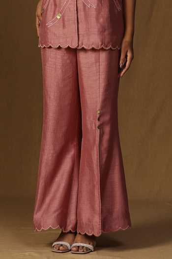 Arpita Sulakshana_Pink Silk Collared Neck Chitra Gulab Noor Shirt And Bell Bottom Pant Set _Online_at_Aza_Fashions