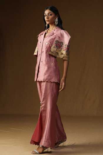 Buy_Arpita Sulakshana_Pink Silk Collared Neck Chitra Gulab Noor Shirt And Bell Bottom Pant Set _Online_at_Aza_Fashions