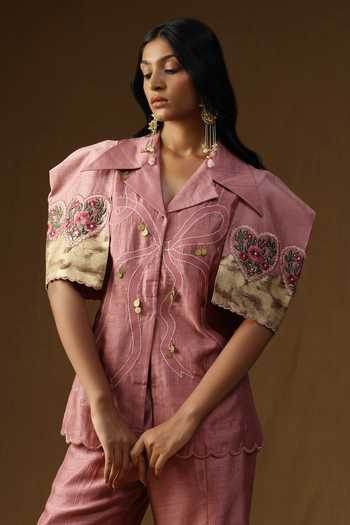 Shop_Arpita Sulakshana_Pink Silk Collared Neck Chitra Gulab Noor Shirt And Bell Bottom Pant Set _Online_at_Aza_Fashions