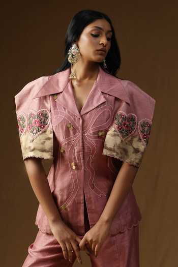 Arpita Sulakshana_Pink Silk Collared Neck Chitra Gulab Noor Shirt And Bell Bottom Pant Set _at_Aza_Fashions