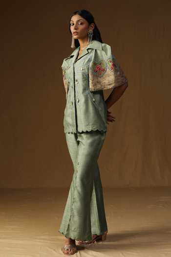 Arpita Sulakshana_Olive Green Silk Collared Neck Chitra Pista Noor Shirt And Pant Set _Online_at_Aza_Fashions