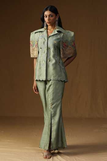 Buy_Arpita Sulakshana_Olive Green Silk Collared Neck Chitra Pista Noor Shirt And Pant Set _Online_at_Aza_Fashions