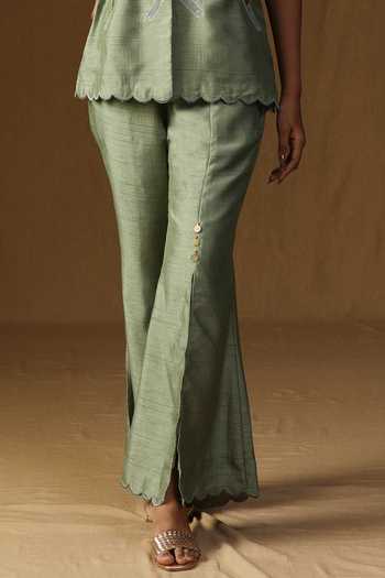 Shop_Arpita Sulakshana_Olive Green Silk Collared Neck Chitra Pista Noor Shirt And Pant Set _Online_at_Aza_Fashions