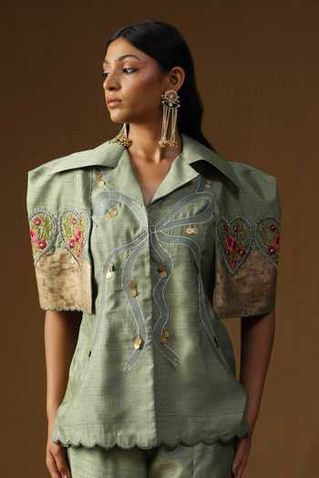 Arpita Sulakshana_Olive Green Silk Collared Neck Chitra Pista Noor Shirt And Pant Set _at_Aza_Fashions
