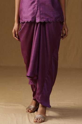 Arpita Sulakshana_Purple Silk Collared Neck Rangadevi Jamuni Shirt And Draped Skirt Set _Online_at_Aza_Fashions