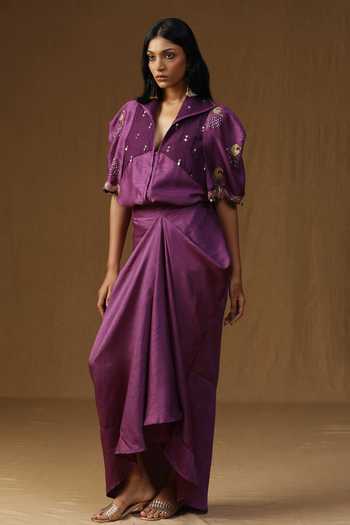 Buy_Arpita Sulakshana_Purple Silk Collared Neck Rangadevi Jamuni Shirt And Draped Skirt Set _Online_at_Aza_Fashions
