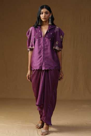 Shop_Arpita Sulakshana_Purple Silk Collared Neck Rangadevi Jamuni Shirt And Draped Skirt Set _Online_at_Aza_Fashions