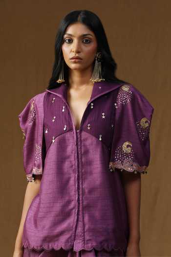 Arpita Sulakshana_Purple Silk Collared Neck Rangadevi Jamuni Shirt And Draped Skirt Set _at_Aza_Fashions