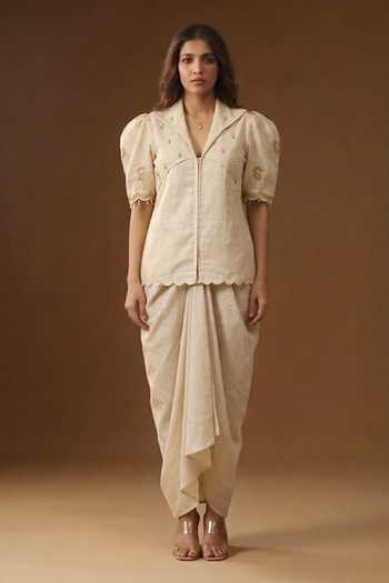 Arpita Sulakshana Rangadevi Safed Shirt & Draped Skirt Set 