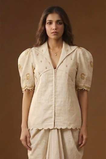 Buy_Arpita Sulakshana_Ivory Silk Collared Neck Rangadevi Safed Shirt And Draped Skirt Set _Online_at_Aza_Fashions