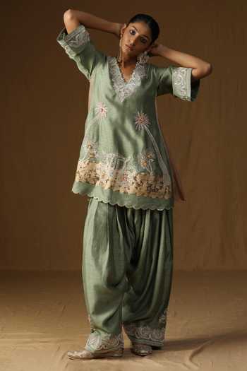 Arpita Sulakshana_Green Silk V-neck Vanya Harit Embroidered Kurta Set _at_Aza_Fashions