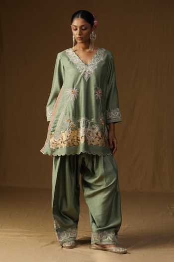 Shop_Arpita Sulakshana_Green Silk V-neck Vanya Harit Embroidered Kurta Set 