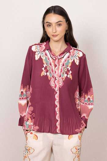 RANNA GILL Multi Color Crepe, Polyester Collared Neck Eli Pleated Shirt And Pant Set at Aza Fashions RANNA GILL_Multi Color Crepe, Polyester Collared Neck Eli Pleated Shirt And Pant Set _at_Aza_Fashions