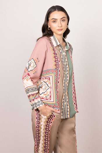 Shop RANNA GILL Multi Color Tencel Collared Neck Eva Buttondown Shirt And Pant Set Online at Aza Fashions Shop_RANNA GILL_Multi Color Tencel Collared Neck Eva Buttondown Shirt And Pant Set _Online_at_Aza_Fashions