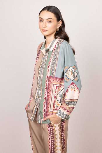 RANNA GILL Multi Color Tencel Collared Neck Eva Buttondown Shirt And Pant Set at Aza Fashions RANNA GILL_Multi Color Tencel Collared Neck Eva Buttondown Shirt And Pant Set _at_Aza_Fashions