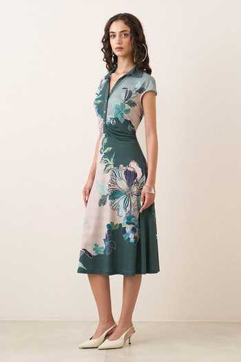 RANNA GILL Multi Color Jersey V-, Collared Nayara Waist Gathered Midi Dress Online at Aza Fashions RANNA GILL_Multi Color Jersey V-, Collared Nayara Waist Gathered Midi Dress _Online_at_Aza_Fashions