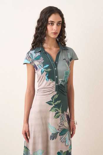 Shop RANNA GILL Multi Color Jersey V-, Collared Nayara Waist Gathered Midi Dress Online at Aza Fashions Shop_RANNA GILL_Multi Color Jersey V-, Collared Nayara Waist Gathered Midi Dress _Online_at_Aza_Fashions
